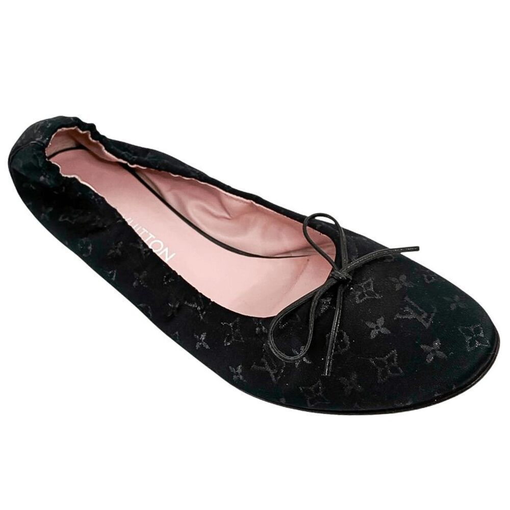 Louis Vuitton Black Logo Satin Ballet Flats Monogram Bow Ballerina EU 37 Slip On